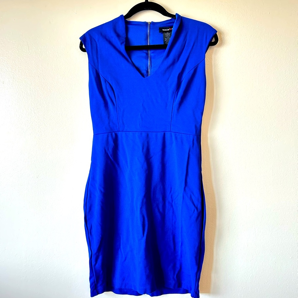 NWT TeezeMe Small Royal Blue Vintage Career Dress Cap Sleeves Zip Close Plunge